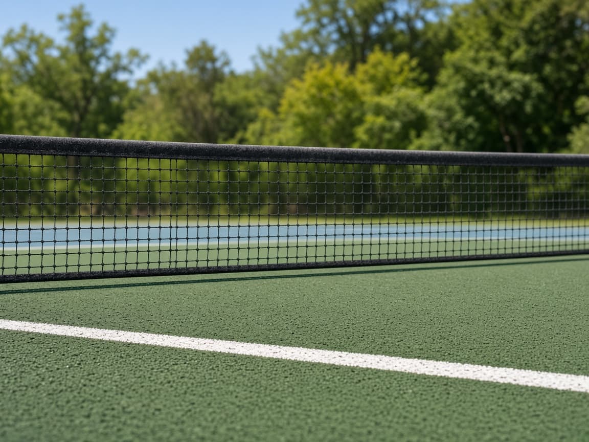 Close view of a pickleball net and the green court surface