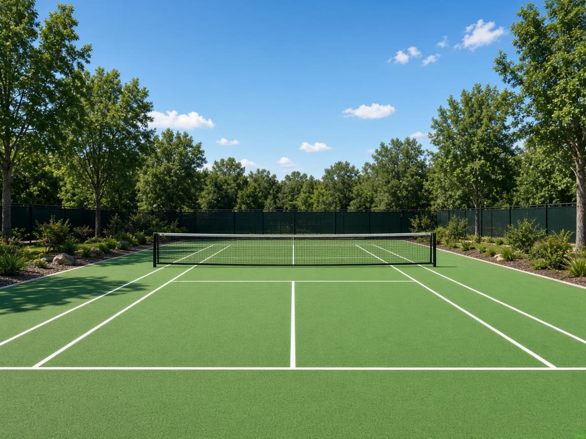 A sunny outdoor pickleball court with trees around the fence