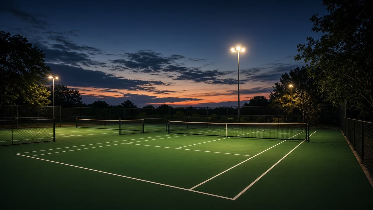 Outdoor pickleball courts lit for evening play