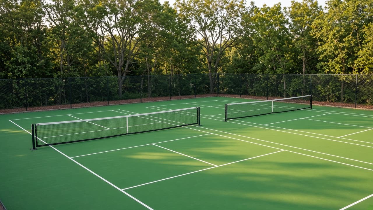 Outdoor pickleball courts in the afternoon, with trees beyond the fence