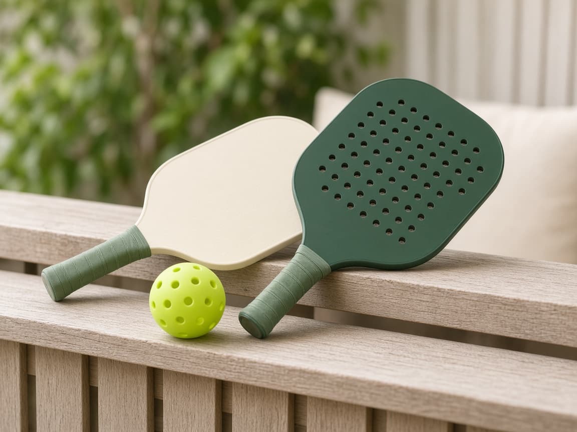 Two pickleball paddles and a ball resting on a bench